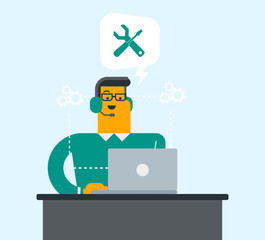Young caucasian white professional operator of technical support in headphones working on a computer. Businessman using headset and laptop in call center. Vector cartoon illustration. Square layout.