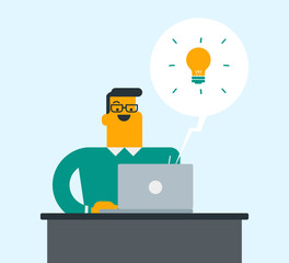 Young caucasian white businessman sitting at workplace with bright light bulb because he came up with successful business idea