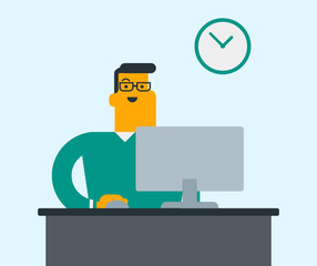 Young caucasian white businessman working on a computer in office with clock on the background. Happy office worker sitting at the office desk and using a computer. Vector cartoon illustration.