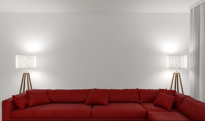 Red sofa with two lamps and empty wall