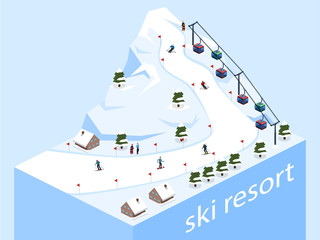 Isometric 3D vector illustration ski resort with a cable car on the mountain