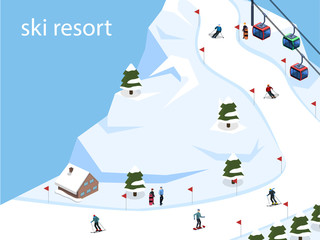 Isometric 3D vector illustration ski resort with a cable car on the mountain