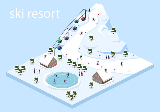 Isometric 3D Vector Illustration Ski Resort With Cable Car On The Mountain