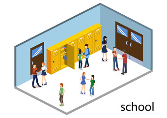 Isometric 3D vector illustration students in the school corridor go to classes