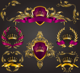 Fototapeta premium Set of golden royal shields with floral elements, ribbons, laurel wreaths for page, web design. Old frame, border, crown in vintage style for monograms, label, emblem, badge, logo. Illustration EPS10