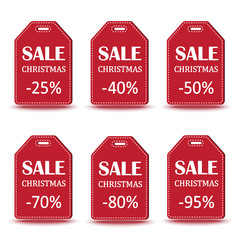 Set of red Christmas sales tag with white inscriptions and shadow. Vector illustration.