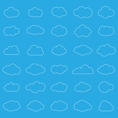 Cloud vector icon set white color on blue background. Sky flat illustration collection for web. Vector illustration