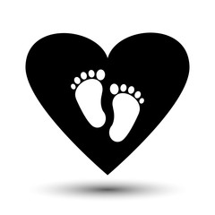 Symbol of pregnancy or childbirth. White baby footprints in black heart. Vector illustration.