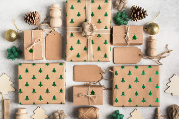 Fototapeta na wymiar Top view of brown boxed Christmas presents