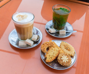 cup of coffee with sugars, tea and arabic tea