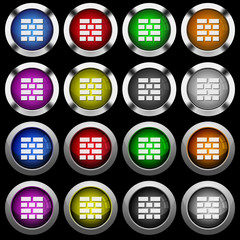 Brick wall white icons in round glossy buttons on black background