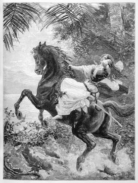 Ancient strong woman riding a prancing black horse. Anita Garibaldi horseback fording a river. By E. Matania published on Garibaldi e i Suoi Tempi Milan Italy 1884