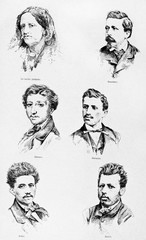 Collection of ancient isolated portraits of Cairoli brothers and mother. Italian patriots. By E. Matania published on Garibaldi e i Suoi Tempi Milan Italy 1884