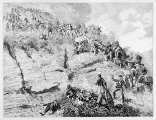 Ancient battle with bayonets, swords and cannons in a rocky and smoky battlefield near Calatafimi. The Thousand of Garibaldi against the Bourbon army. By E. Matania,1884