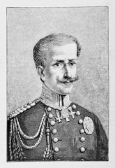 Ancient portrait of a king in uniform rich of medals and militar decorations. Charles Albert of Sardinia (1798 - 1849) King of Piedmont-Sardinia. By E. Matania, Italy 1884