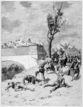 Ancient armys shooting each other close to a bridge where Narciso Bronzetti (1821 - 1859) will find the death. By E. Matania published on Garibaldi e i Suoi Tempi Milan Italy 1884
