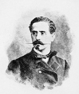 Ancient close up portrait of a elegant man with stylish sharp mustache. Giacinto Carini (1821 - 1880) Italian patrio. By E. Matania published on Garibaldi e i Suoi Tempi Milan Italy 1884