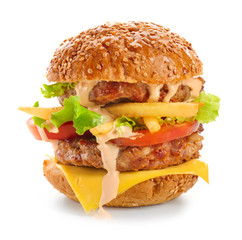 Delicious double burger on white background
