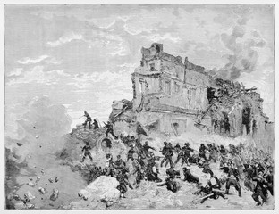 Ancient violent battle on a hill with smoking ruins. Defense of Villa del Vascello 1849. By E. Matania published on Garibaldi e i Suoi Tempi Milan Italy 1884 Defense of Villa del Vascello