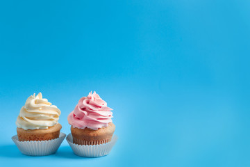 Tasty cupcakes on color background