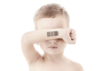 Child with a code of genetic experiments. Clone of DNA and human genome. Artificial intelligence...
