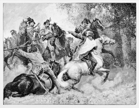 Ancient soldiers running on their horses. Garibaldi and Anghiar directing cavalry against Bourbons troops near Velletri Italy. By E. Matania published on Garibaldi e i Suoi Tempi Milan Italy 1884 