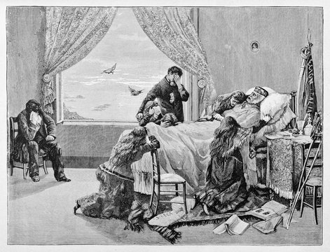 Garibaldi dying on his death bed taken care by his sad family in a room in Caprera. By E. Matania published on Garibaldi e i Suoi Tempi Milan Italy 1884