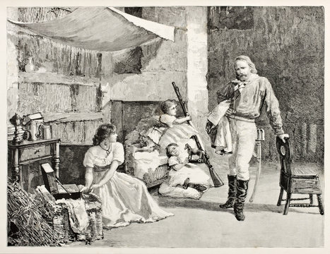 Giuseppe Garibaldi with his family in their home. Children are on the bed playing while his wife is seated. By E. Matania published on Garibaldi e i Suoi Tempi Milan Italy1884Garibaldi family