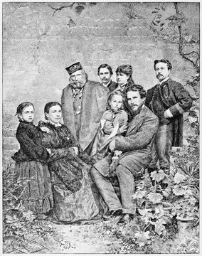 Garibaldi family. Giuseppe Garibaldi with his sons and his wife in a floreal context. By E. Matania published on Garibaldi e i Suoi Tempi Milan Italy 1884