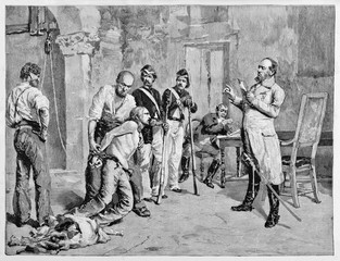 Garibaldi prisoner and tortured spitting in the face of Gualeguay commander Argentina. Indoor context By E. Matania published on Garibaldi e i Suoi Tempi Milan Italy 1884 