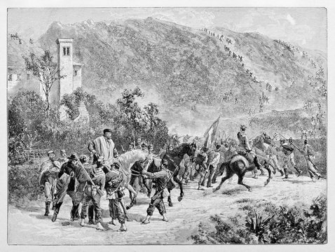 General Garibaldi supported by his soldiers during a fight on a mountainscape. Monte Suello battle. By E. Matania published on Garibaldi e i Suoi Tempi Milan Italy 1884