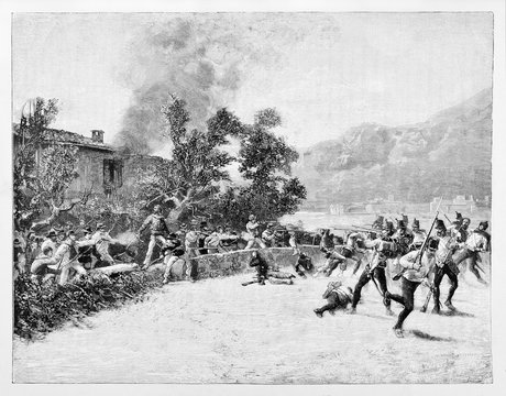 Ancient troops defending a house from the attack of a opposite army using rifles and swords. Luino battle, Italy. By E. Matania published on Garibaldi e i Suoi Tempi Milan Italy 1884