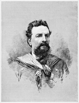 Portrait of an ancient soldier looking hard and brave with his beard. Giacomo Medici (1817 - 1882) Italian soldier and patriot. By E. Matania on Garibaldi e i Suoi Tempi Milan Italy 1884