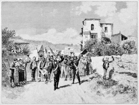 Crowd of insurrection people waving their flags and leader on an ancient countryside.  Rosolino Pilo leading a political demonstration in Sicily. By E. Matania on Garibaldi e i Suoi Tempi Milan 1884