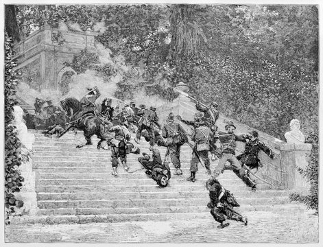 Violent fight between two opposite armies on a flight of steps in a elegant garden. Villa Corsini slaughter in 1849. By E. Matania published on Garibaldi e i Suoi Tempi Milan Italy 1884