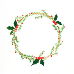 Christmas wreath watercolor drawing on white paper background, Christmas greeting card background
