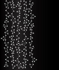 Vertical white garlands on dark background. Set of christmas lights. Glowing light effects burst with sparkles. Magic vector. Stylish glowing illustration. Free space for your text