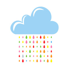 Cute little blue cloud and multi-coloured rain isolated on white background. Weather forecast icon. Internet concept for website design, web button, mobile app. Modern simple flat style
