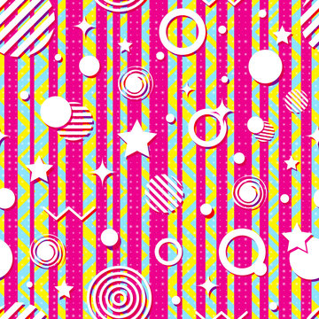 Seamless bright geometric pattern from strips, zigzag, circles, stars. Bright contrasting colors, daring design. Modern, fashionable style. Vector