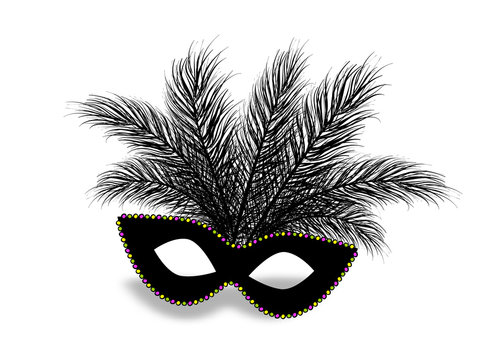 Monochrome realistic black color mask bead necklace feather. Isolated white background. Mardi Gras - Fat Tuesday carnival carnival in a French-speaking country. Vector illustration.