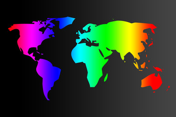 Mapa del mundo del color del arcoiris sobre fondo negro.