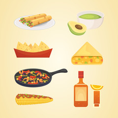 Mexican cuisine cartoon dishes illustration set vector