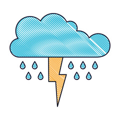cloud with rain and thunderbolt in colored crayon silhouette