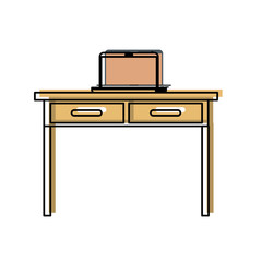 desk table with drawers and laptop computer above in front view in watercolor silhouette