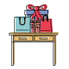 desk table with drawers front view with gifts box and bags above in watercolor silhouette