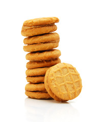 Stack of peanut butter cookies on white