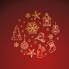 Flat golden Christmas icons on red background.