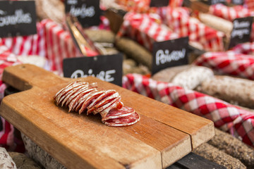 Sausage on board in shop