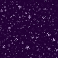 Violet snowflakes seamless pattern on purple Christmas background. Chaotic scattered violet snowflakes. Pleasing Christmas creative pattern. Vector illustration.