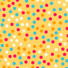 Colorful polka dots seamless pattern on bright 18 background. Astonishing classic colorful polka dots textile pattern. Seamless scattered confetti fall chaotic decor. Abstract vector illustration.